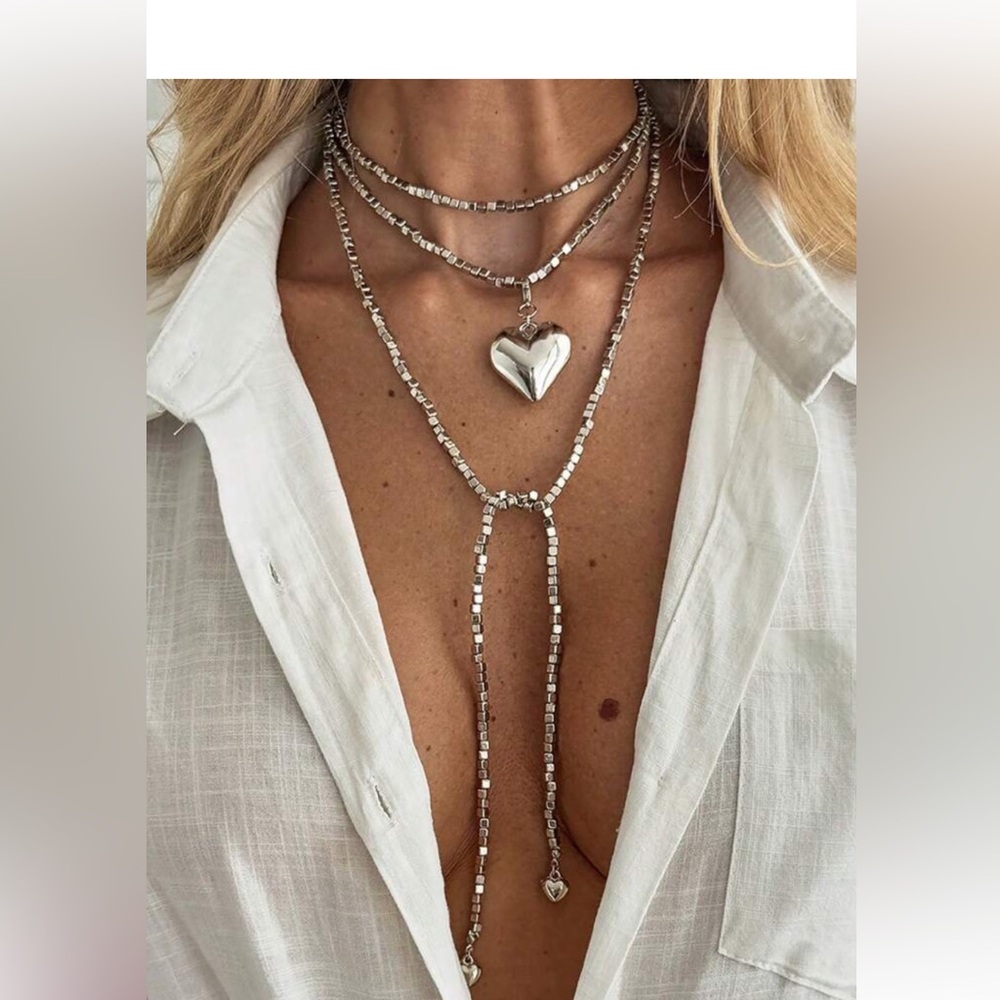 Silver Layered Heart Lariat Necklace new